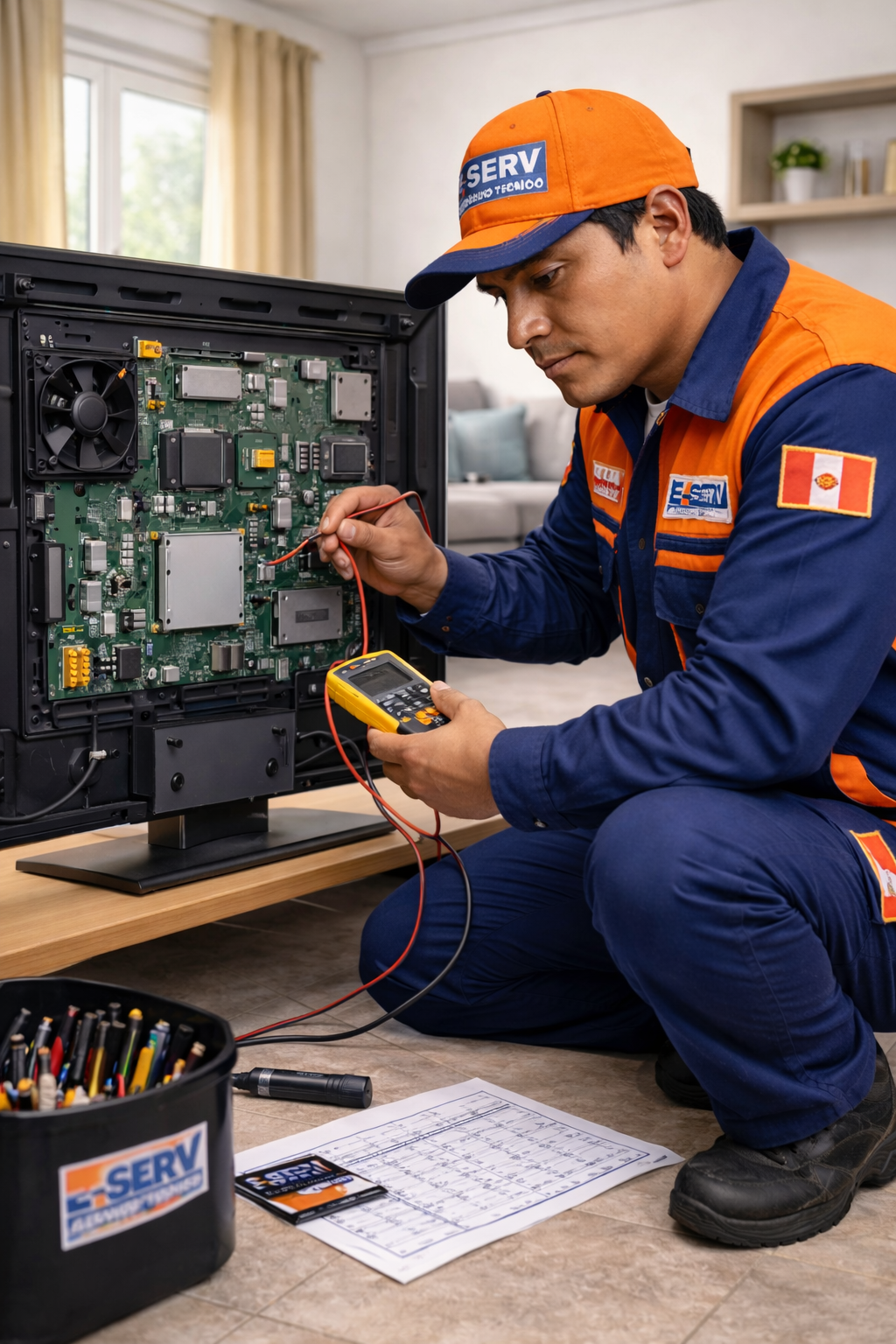 Técnico reparando televisor